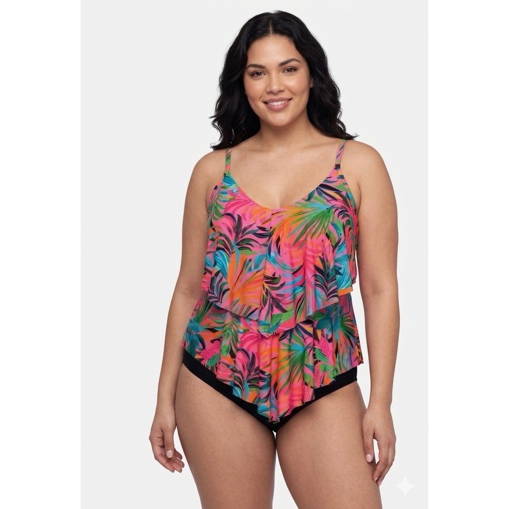 Women's TrimShaper Size 10 Pink Tropical Tiered Ruffle Tankini Top